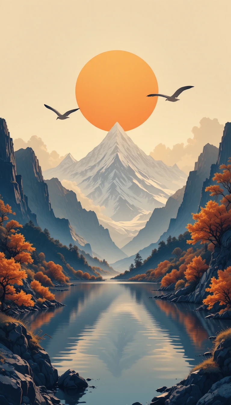 Lago de Montaña Sereno al Atardecer con Sol Naranja Reflejado