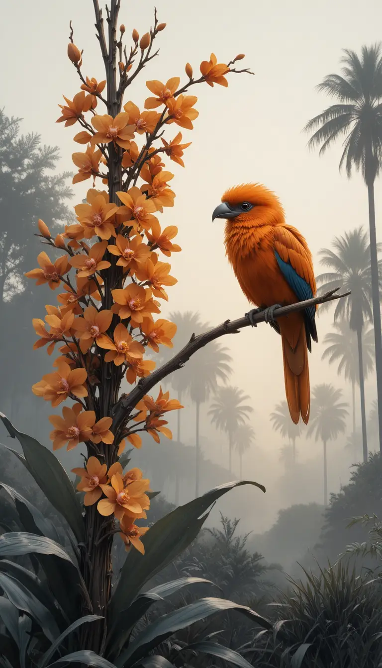 Close up orange bird on liana at misty sunrise