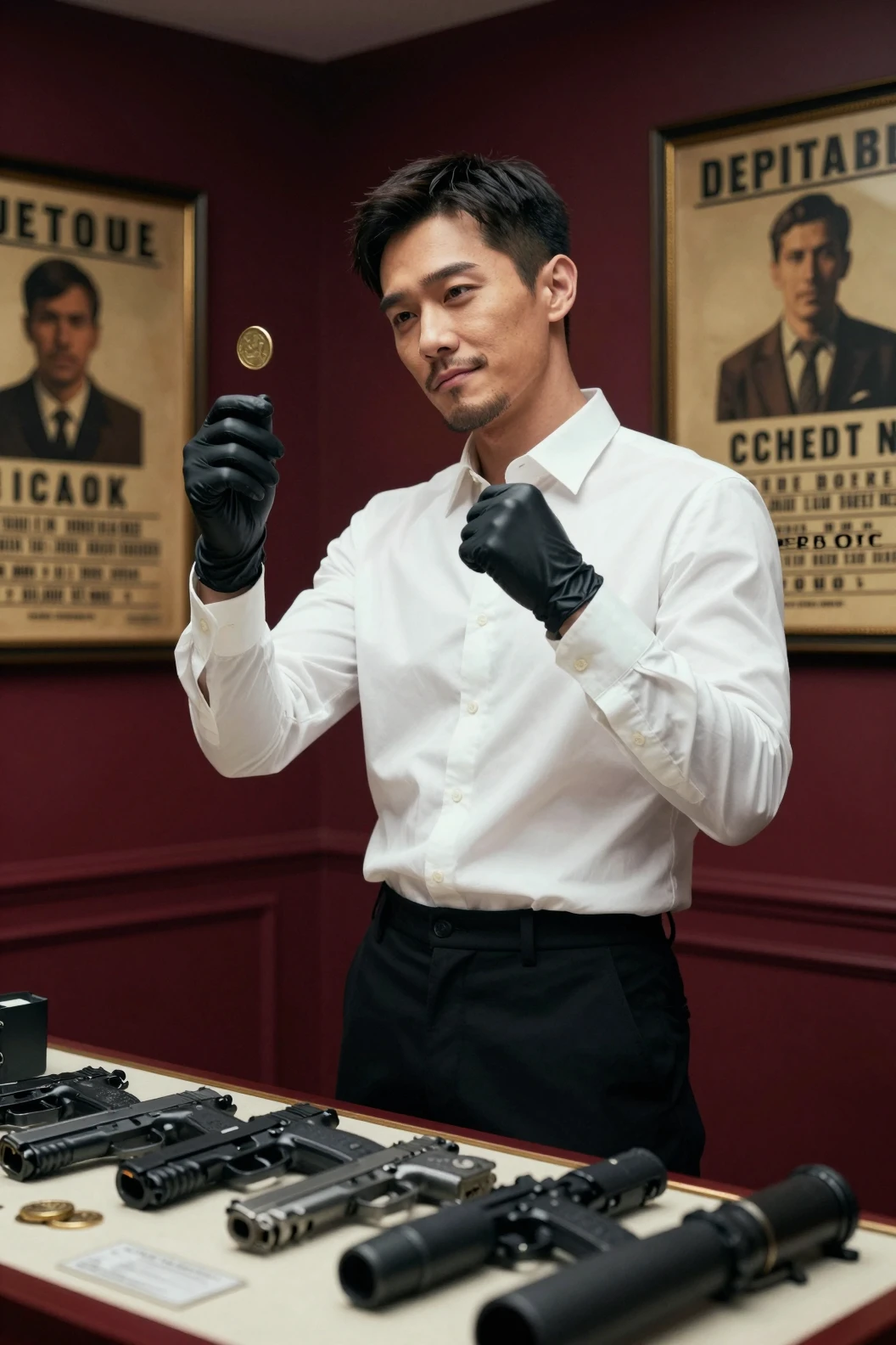 コインを投げる男性のシネマティックなローアングルポートレート