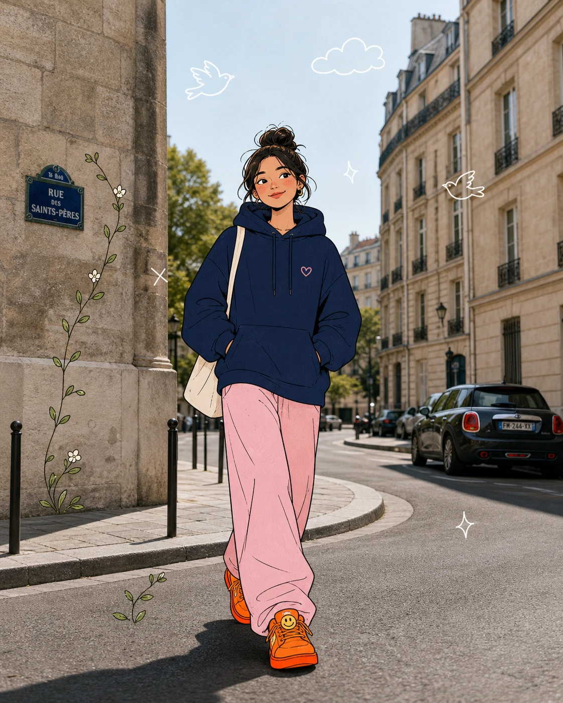 Mujer estilizada caminando por una tranquila calle de una ciudad europea