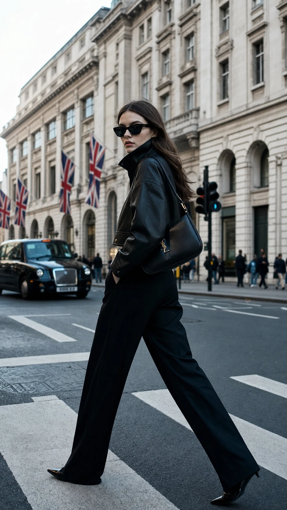 Mujer elegante cruzando una calle de Londres con gafas de sol