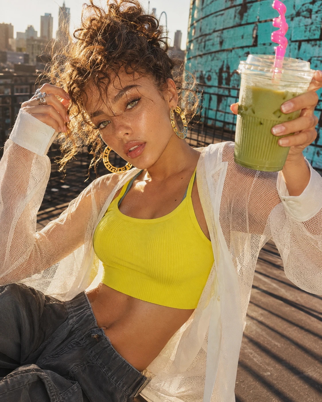 Retrato de moda juguetón en la azotea con iced matcha latte