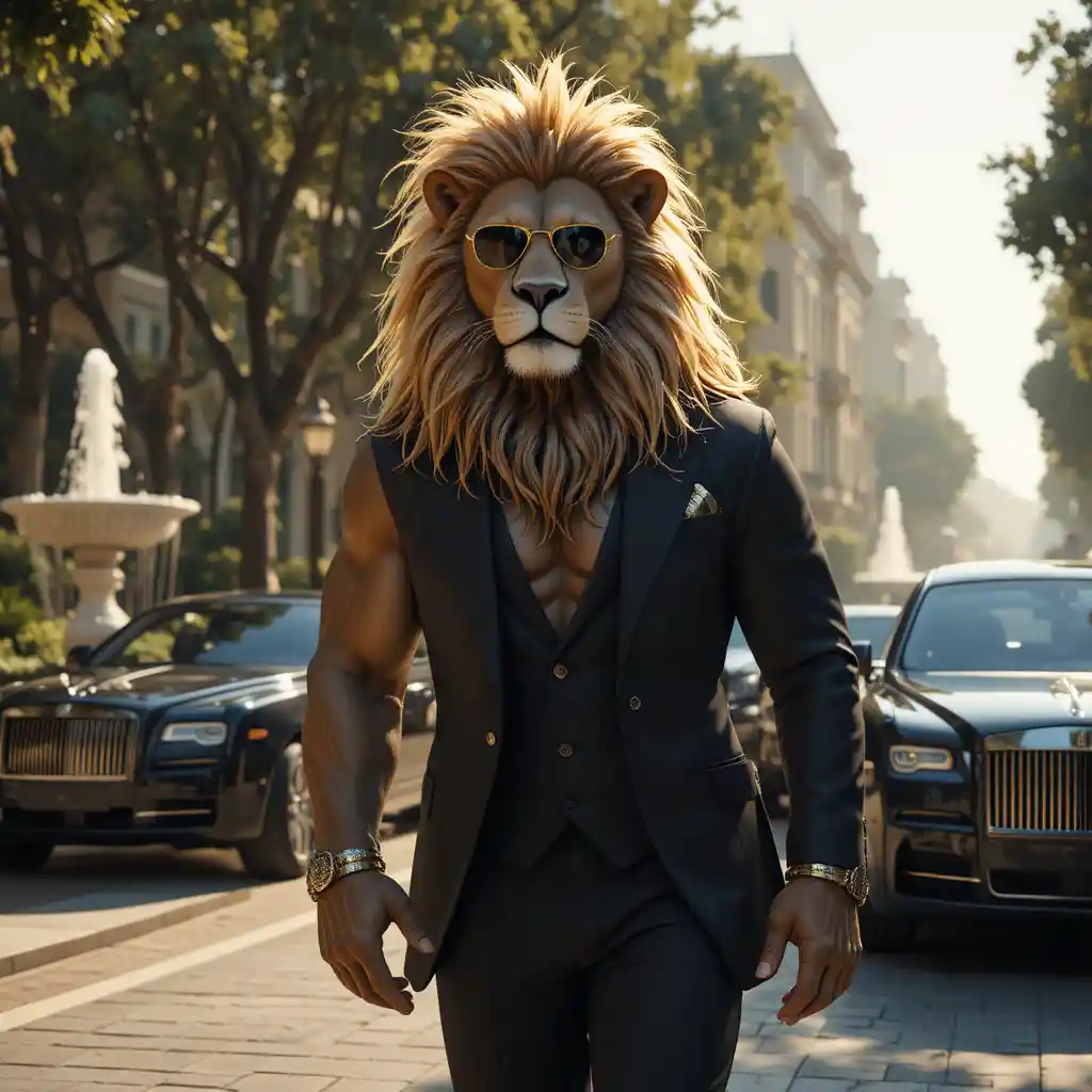 Wealthy man walking with muscular anthropomorphic lion