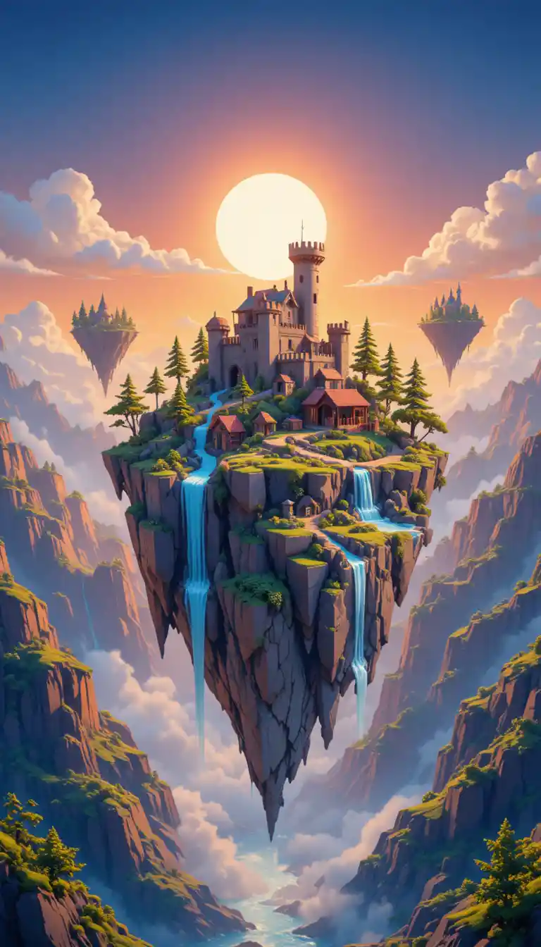 Islas flotantes low poly con castillo en un cielo al atardecer