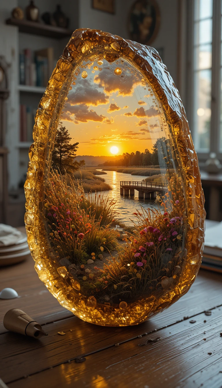 Gran ámbar con atardecer veraniego brillante sobre el río en su interior