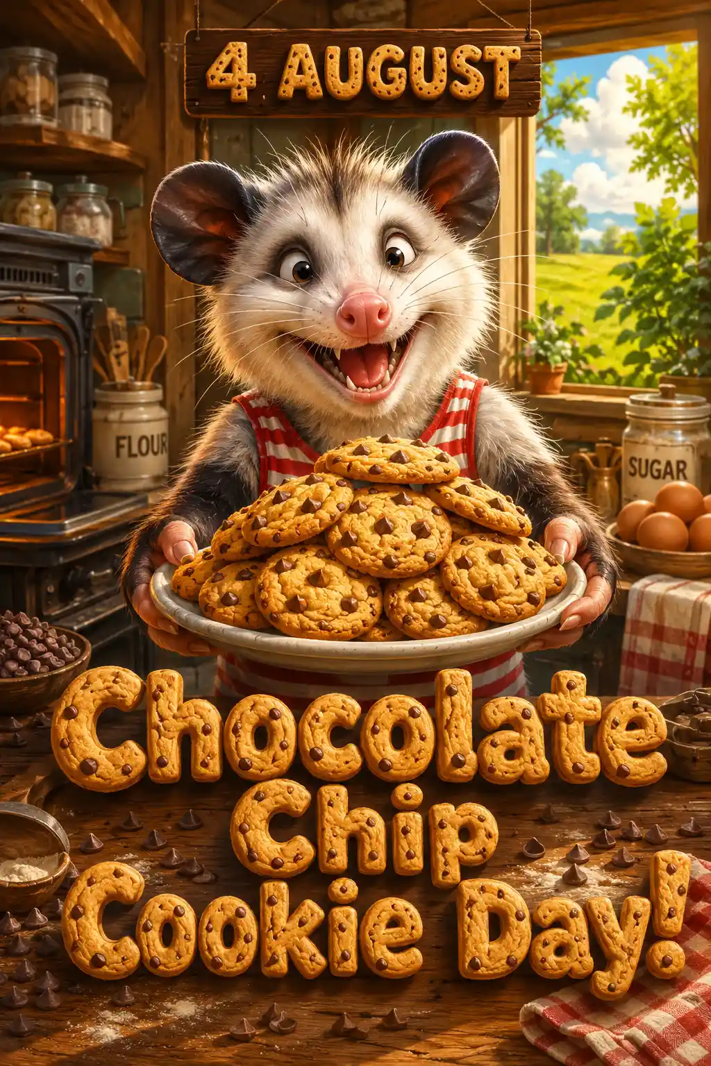 Cute opossum offering chocolate chip cookies in rustic kitchen