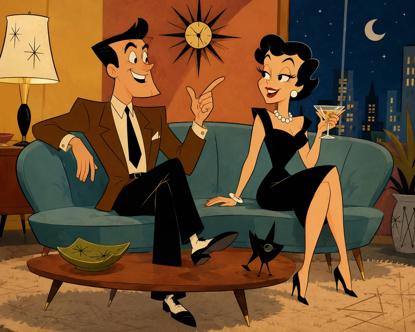 Divertidos personajes de dibujos animados mid-century en un escenario de teatro