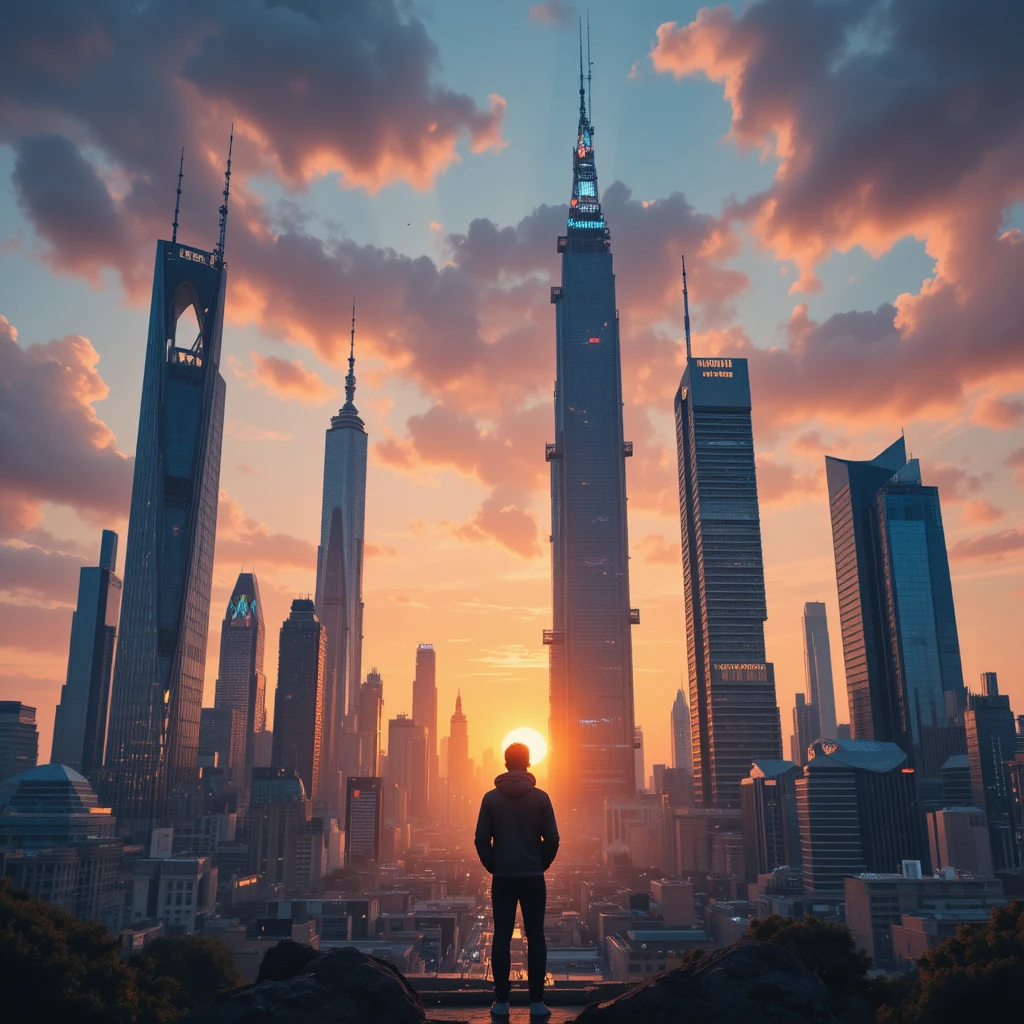 Persona observando el horizonte de una ciudad futurista al atardecer colorido