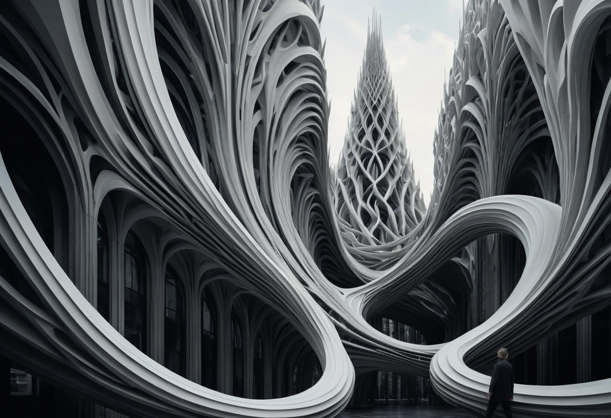 Mujer surreal fusionada con alta costura de paisaje urbano futurista y fluido