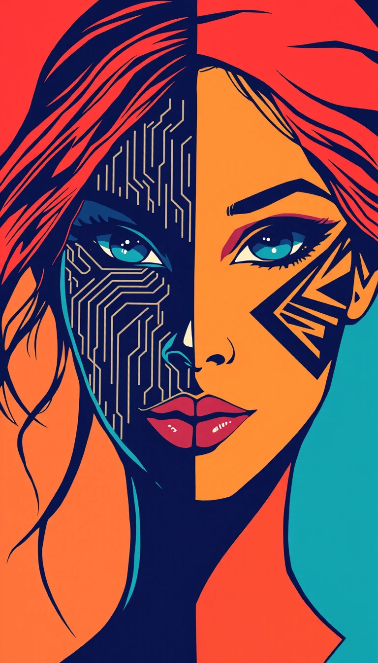 Rostro de mujer dividido con circuitos y patrón tribal