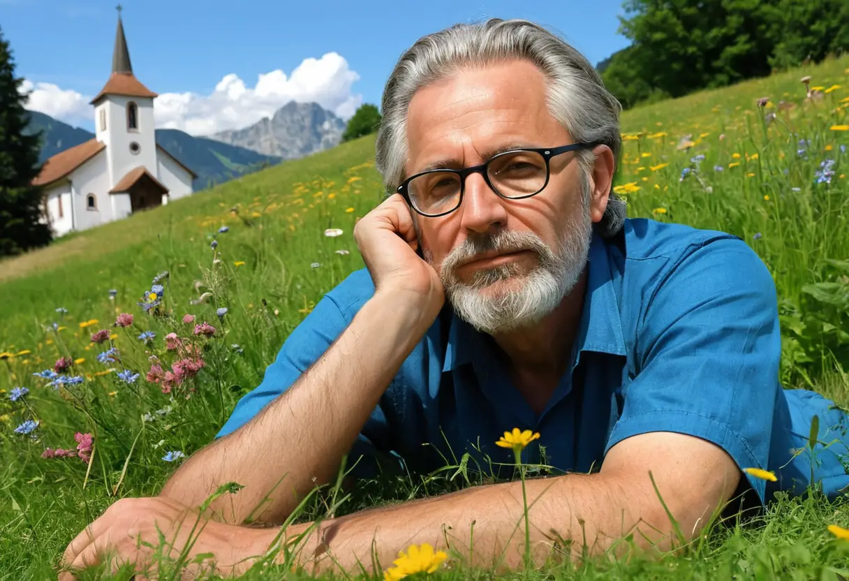 Middle aged man lying on grass in colorful meadow