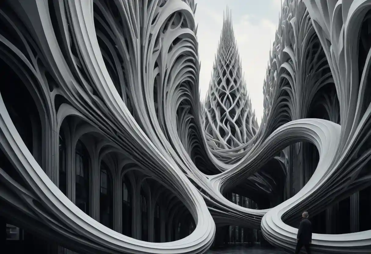 Mujer surreal fusionada con alta costura de paisaje urbano futurista y fluido