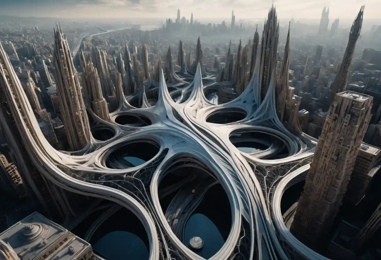 Mujer surreal fusionada con alta costura de paisaje urbano paramétrico plegable