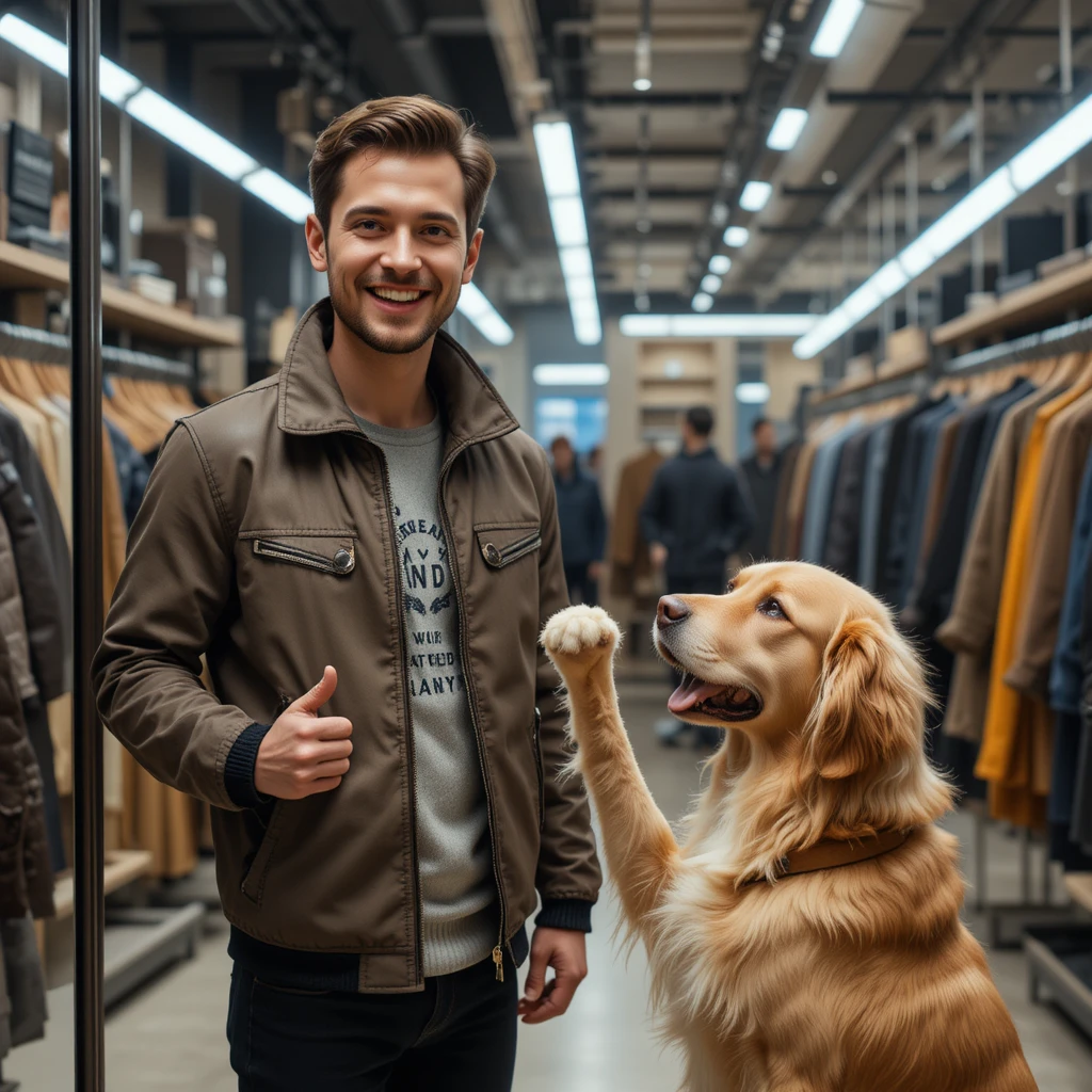 Hombre sonriendo con chaqueta de diseñador junto a un golden retriever serio