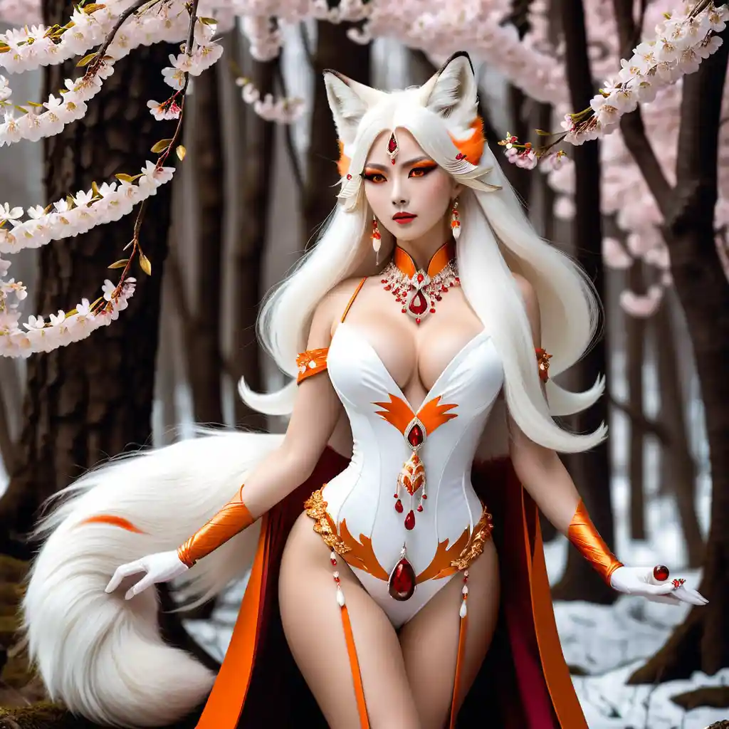 Elegante mujer espíritu de zorro en un bosque nevado de cerezos en flor