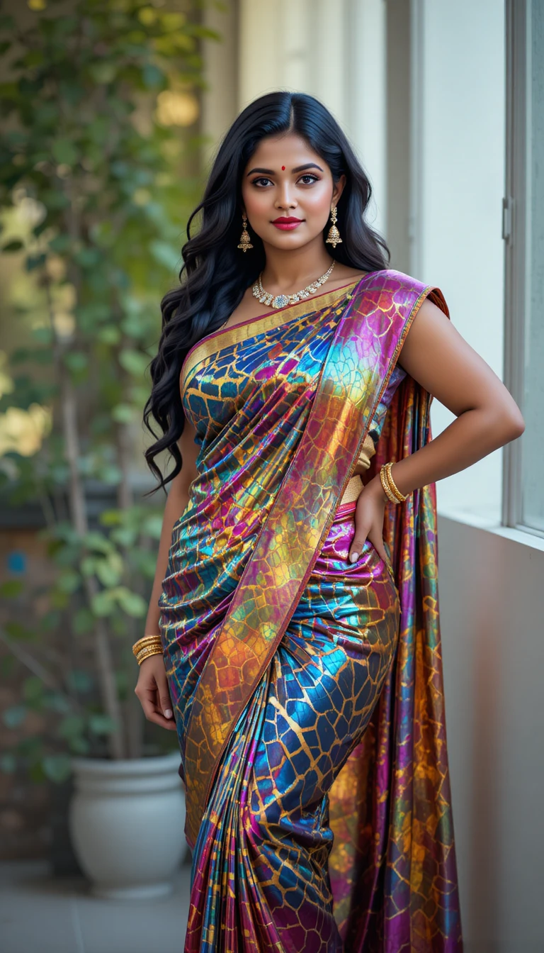 Mujer india con sari reflectante inclinada de la cintura