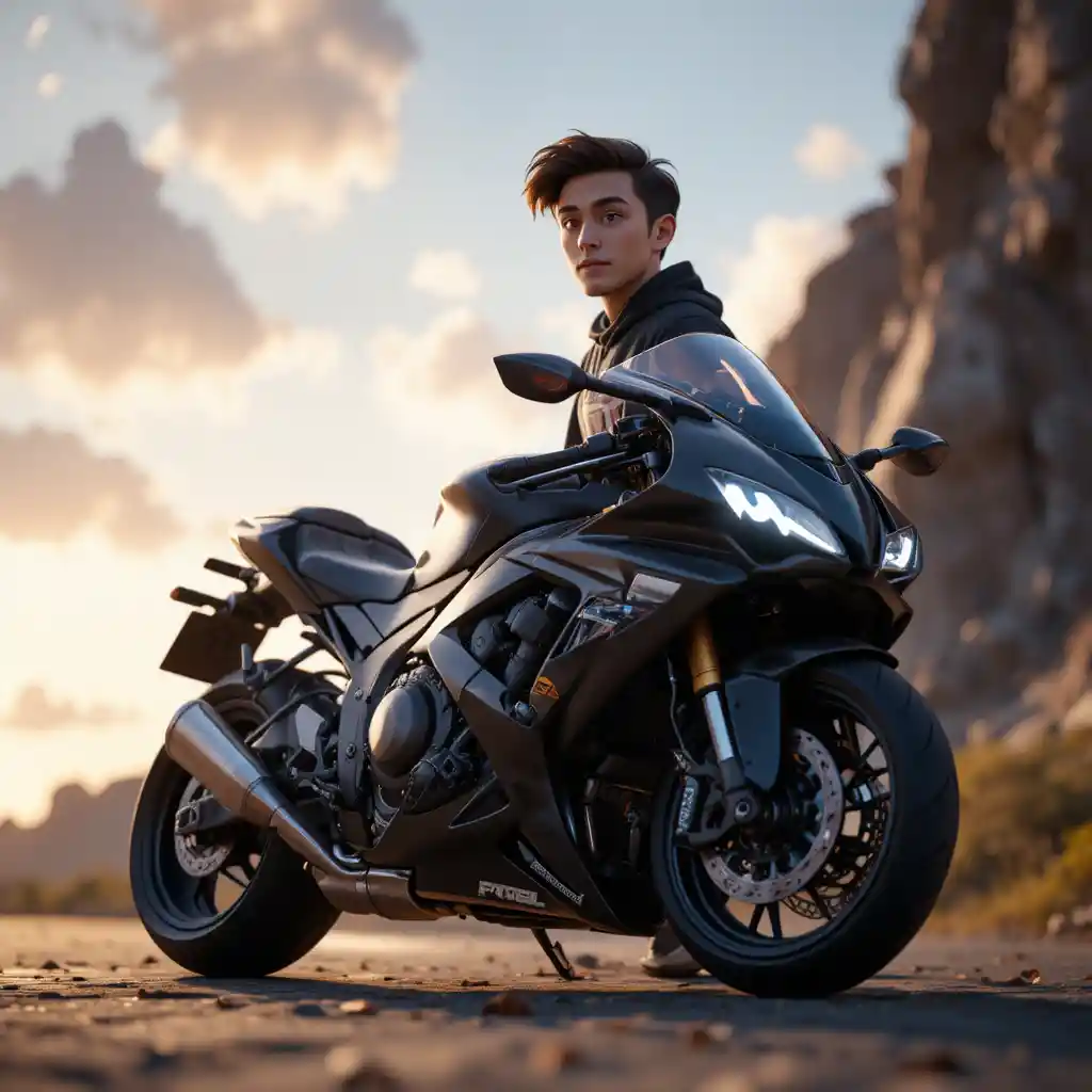 劇的でシネマティックなクローズアップで捉えたバイクのそばに立つ男