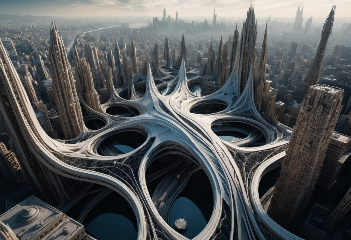 Mujer surreal fusionada con alta costura de paisaje urbano paramétrico plegable