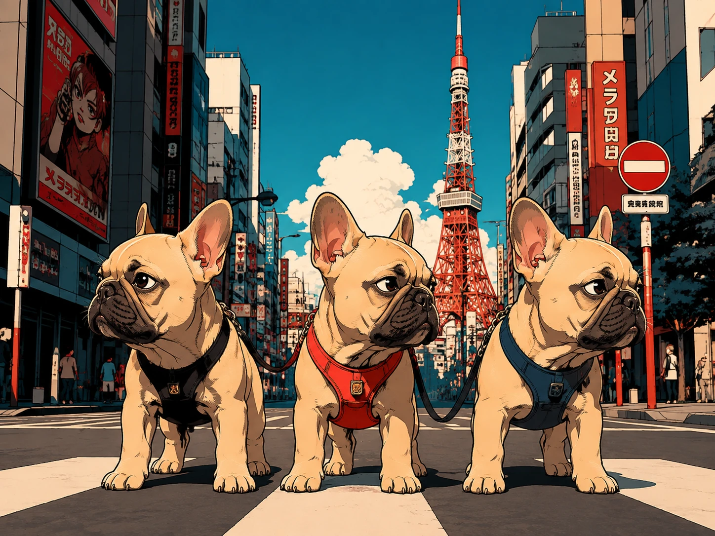 Tres cachorros de bulldog francés en una calle minimalista de Tokio