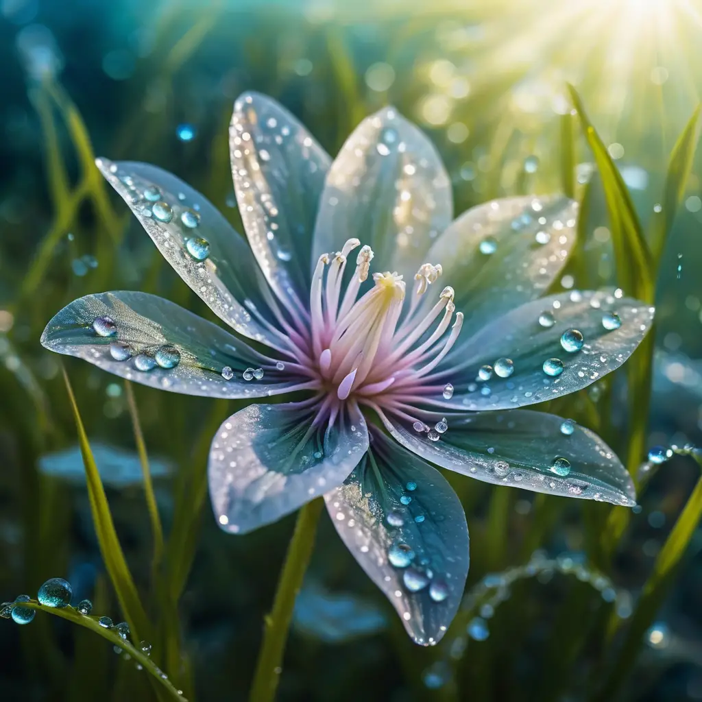 Fiore di rugiada iridescente che brilla in un prato mistico