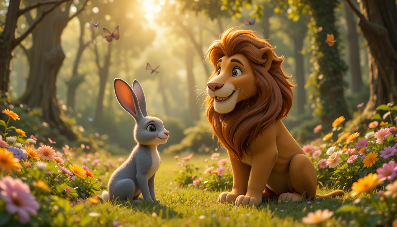 Löwe und Hase sprechen zusammen auf einer sonnigen Waldlichtung