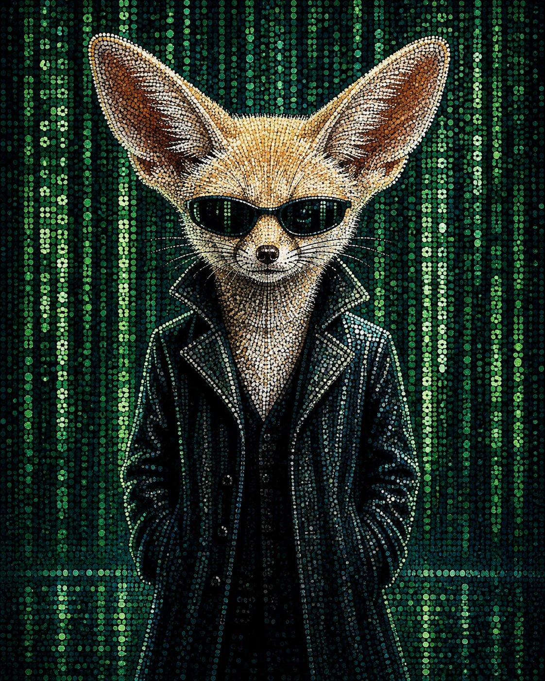 Pointillist portrait of a fox in dark sunglasses and coat