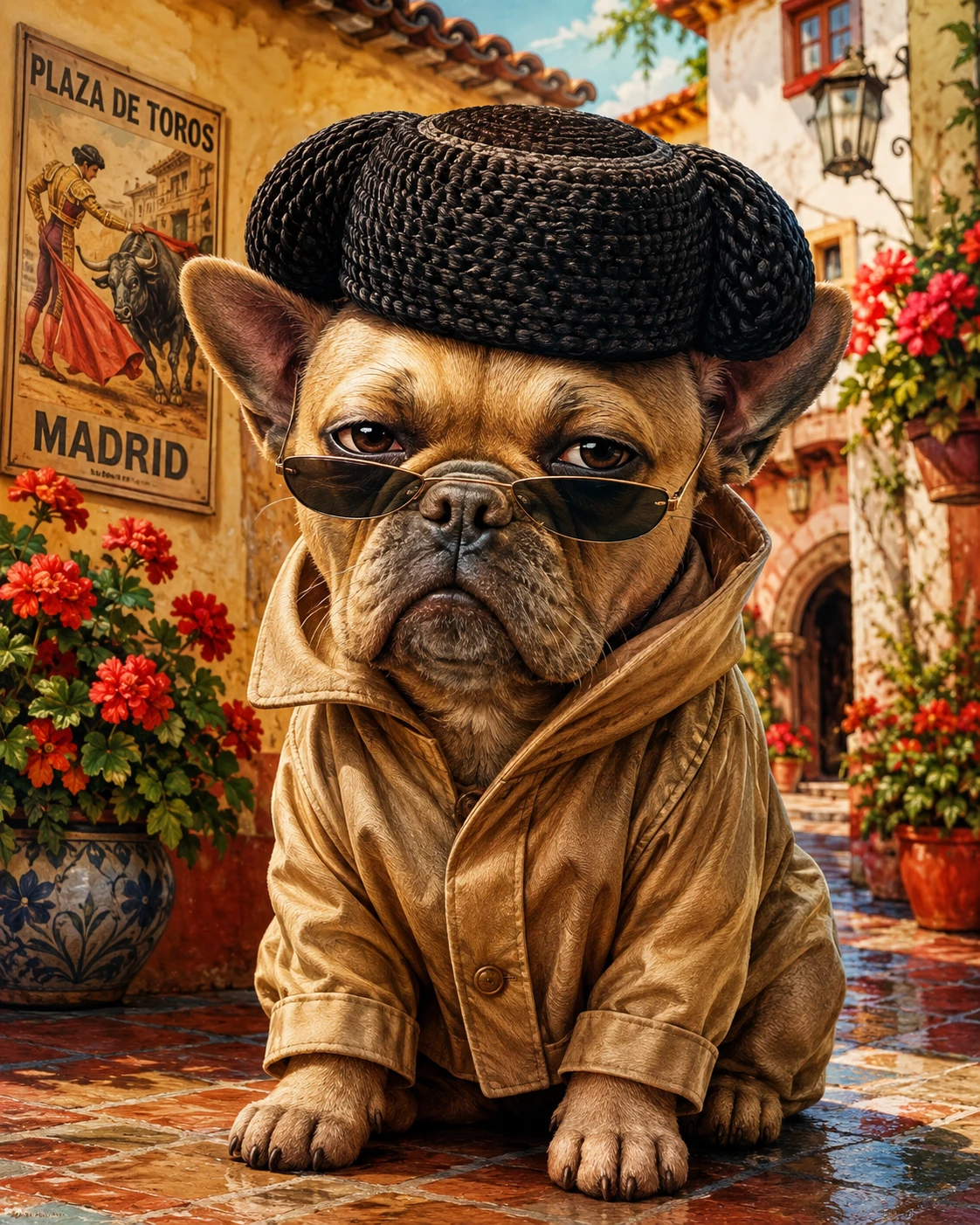 Perro torero cool con gafas de sol y chaqueta impermeable ilustración