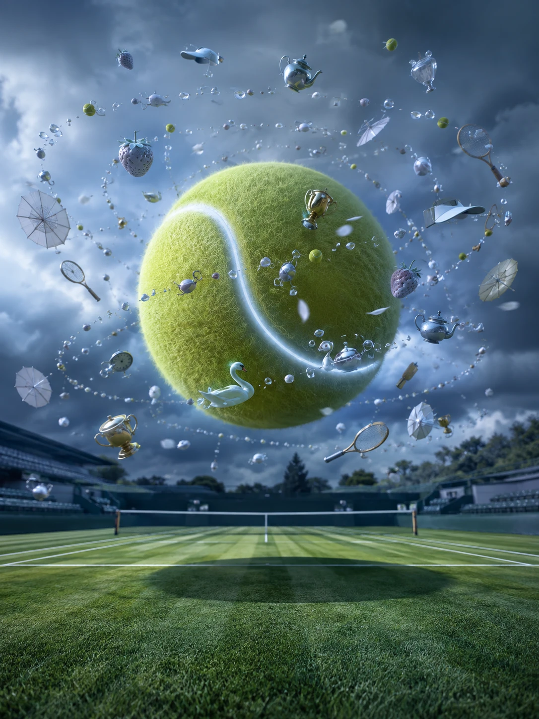 Gigante planeta de pelota de tenis flotando sobre una fresca pista de césped