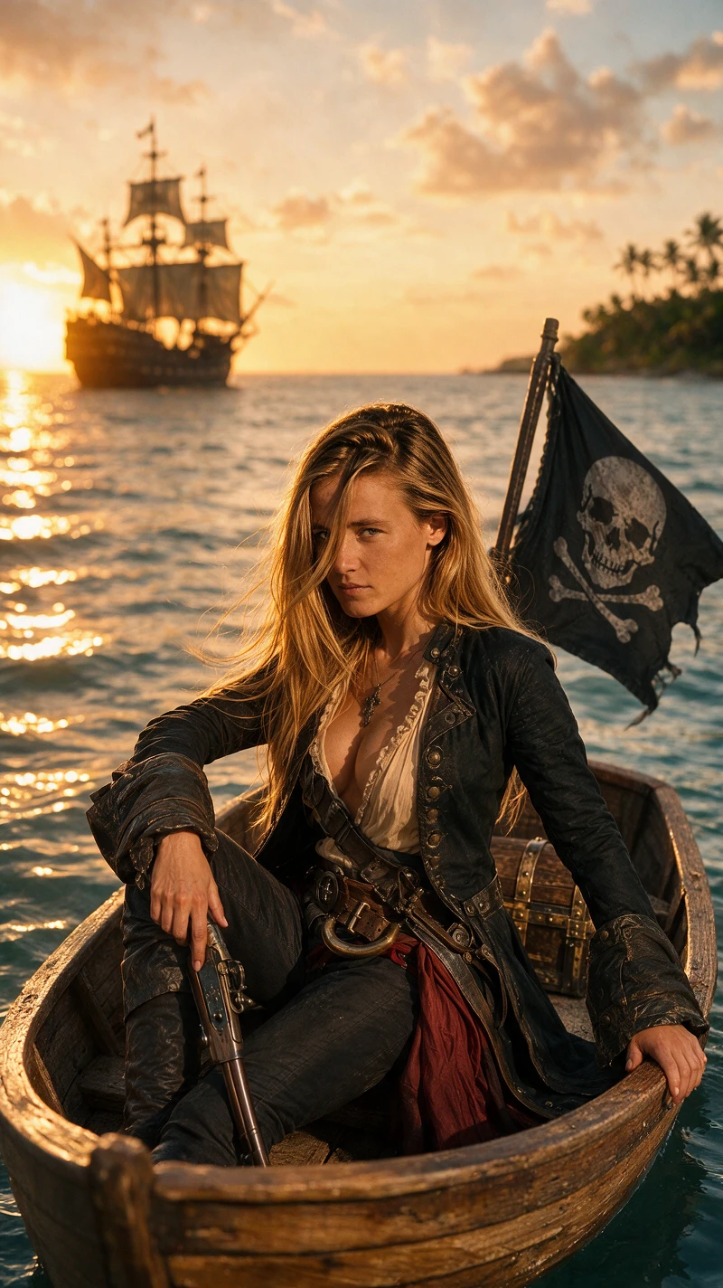 Capitana pirata en barco de juguete al atardecer caribeño
