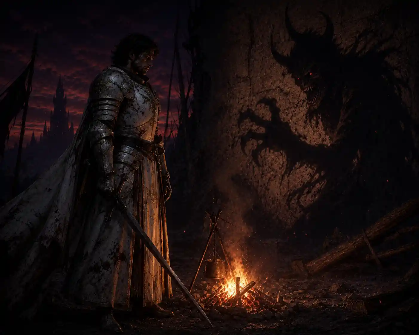 Paladín Junto a la Hoguera en un Crepúsculo de Fantasía Oscura