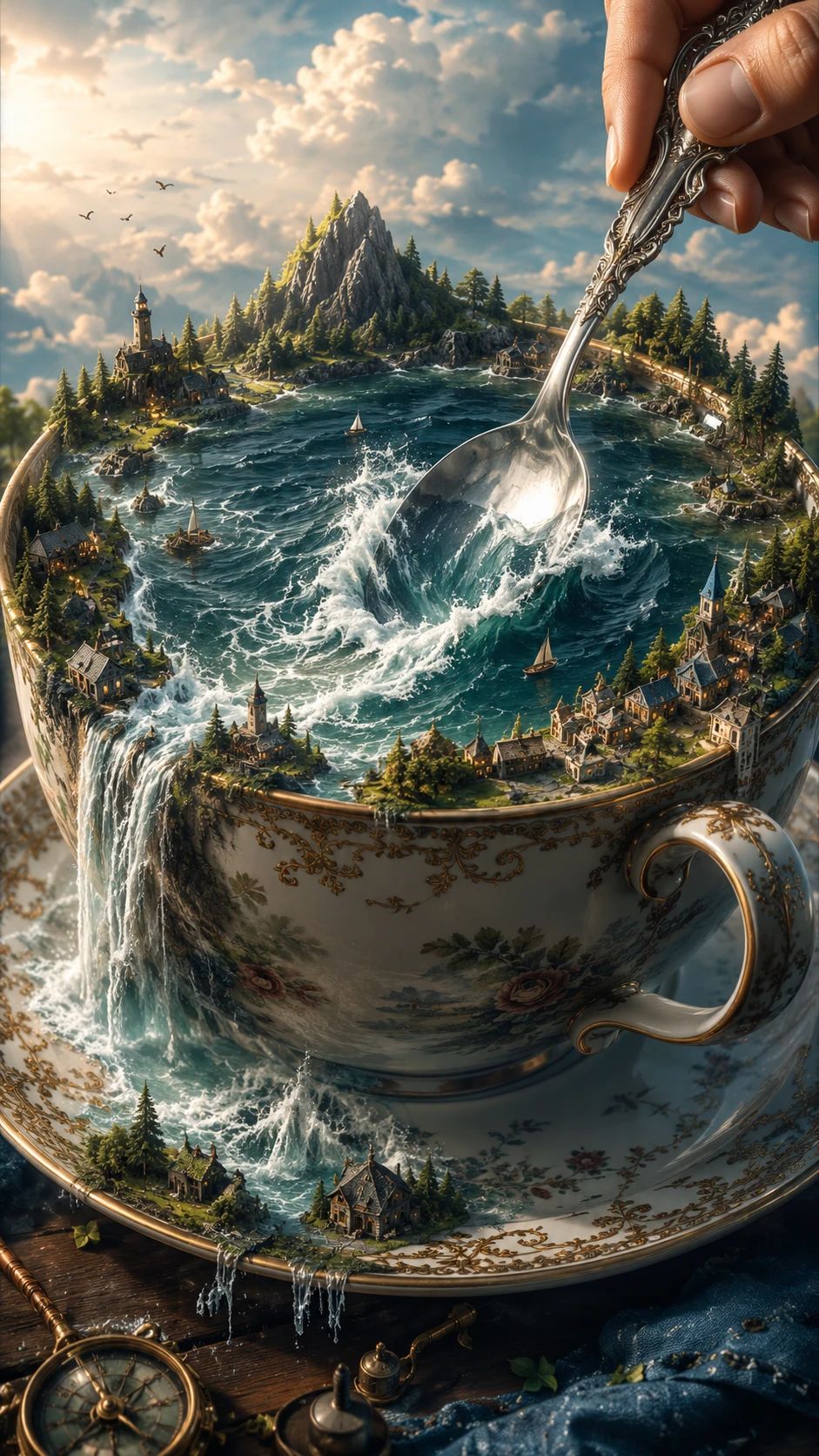 Mundo de taza de té gigante con ríos, bosques y diminutos pueblos