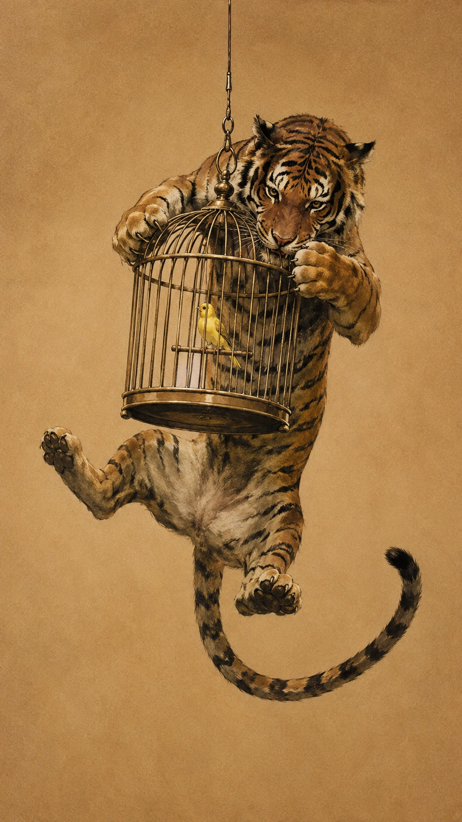 Tigre che sale goffamente verso un canarino in gabbia sospeso a mezz’aria