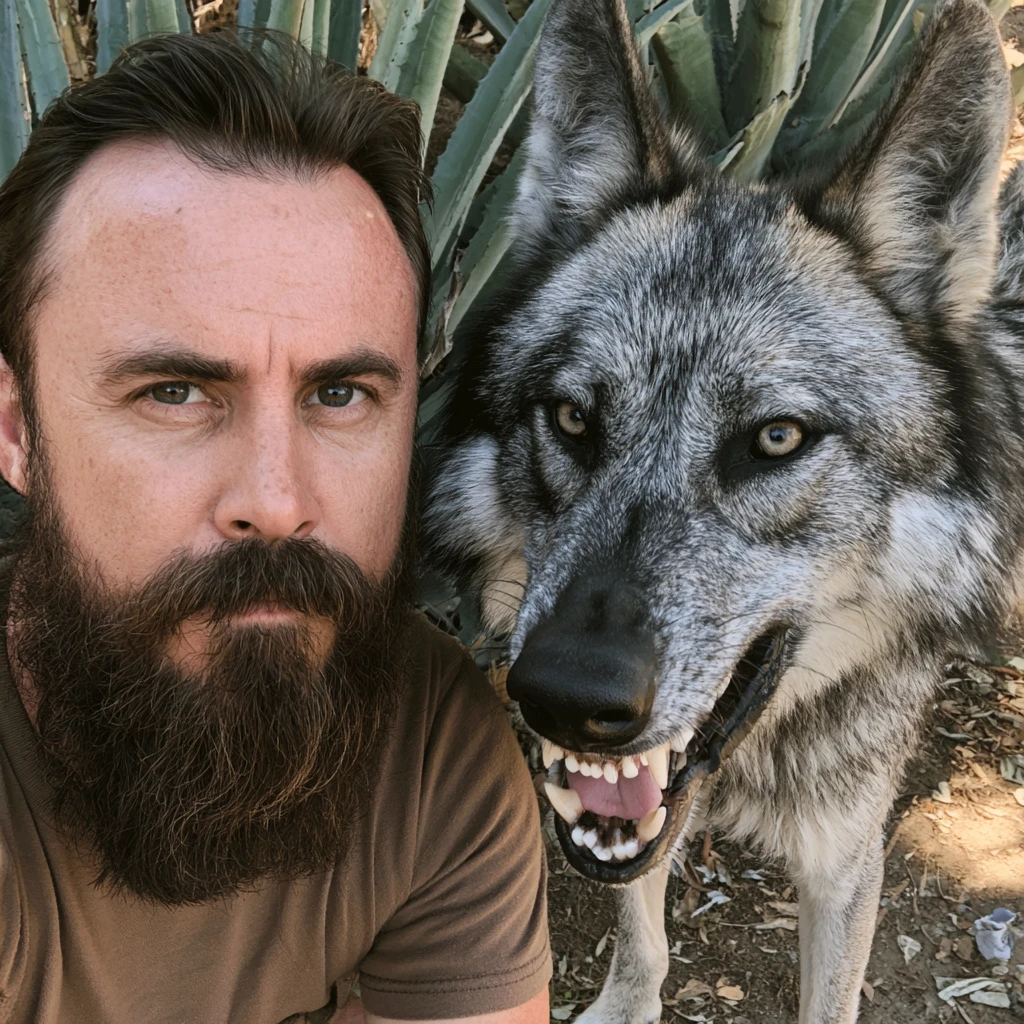 Bearded man beside fierce wolf in natural daylight
