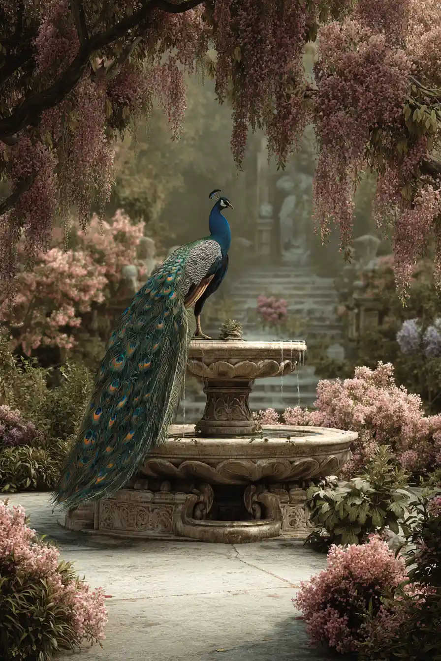 Jardín majestuoso de pavos reales con fuentes y belleza floral
