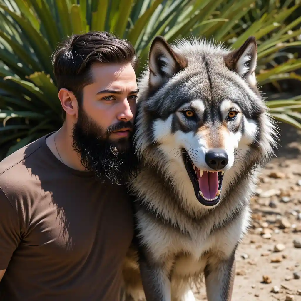 Bearded man standing beside a fierce gray wolf outdoors