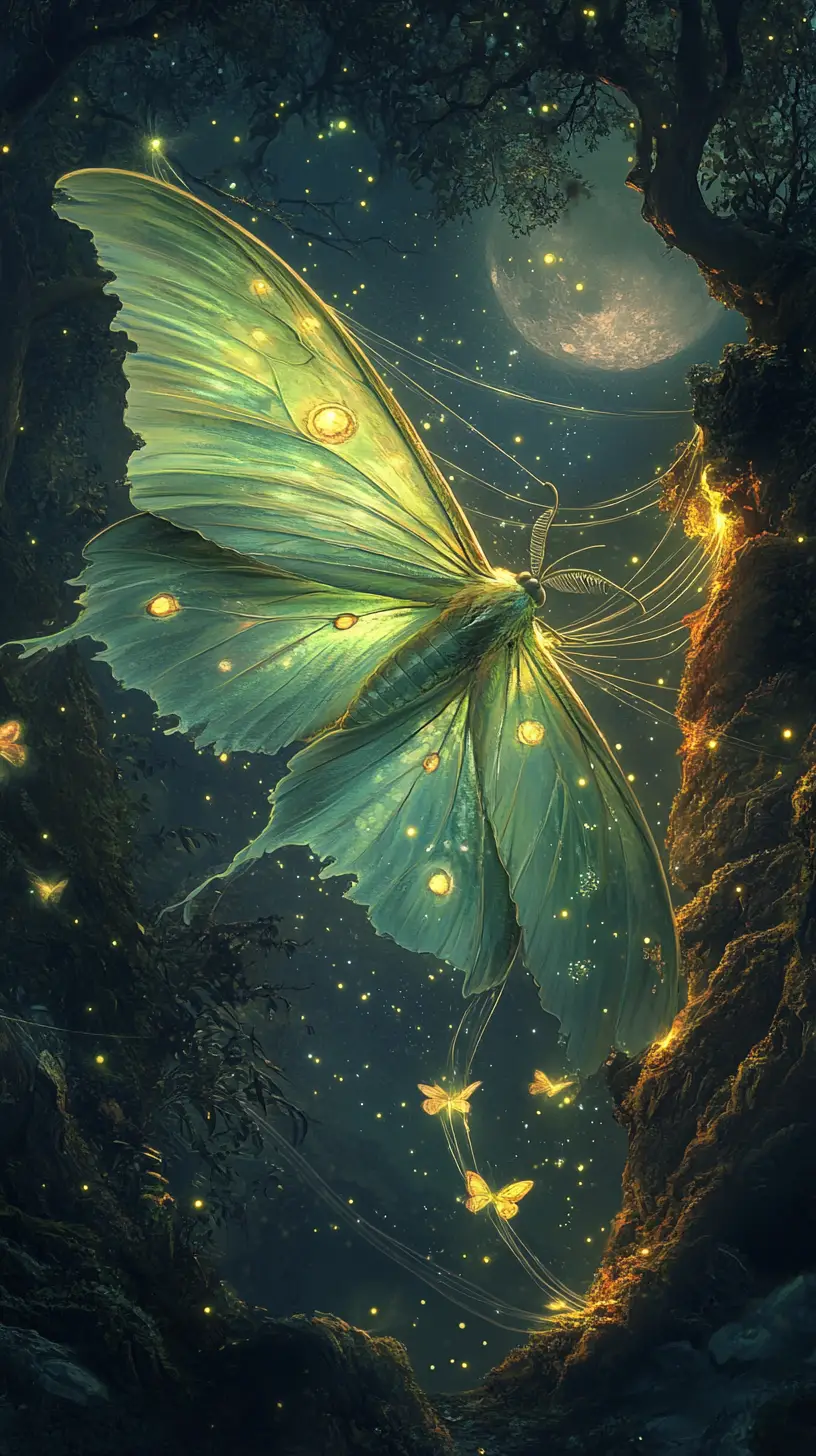 Luna moth weaving glowing silk between moonlit trees