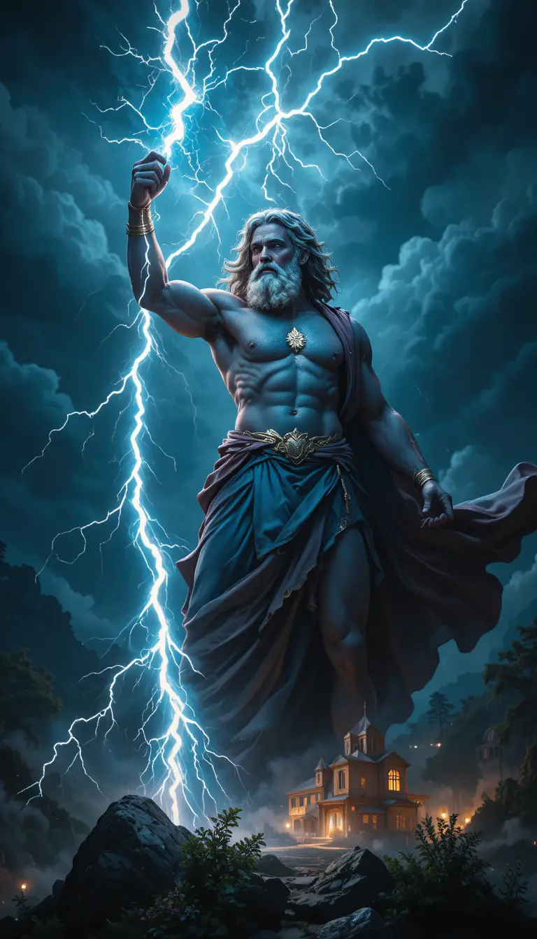 Zeus unleashing a lightning bolt over a distant village