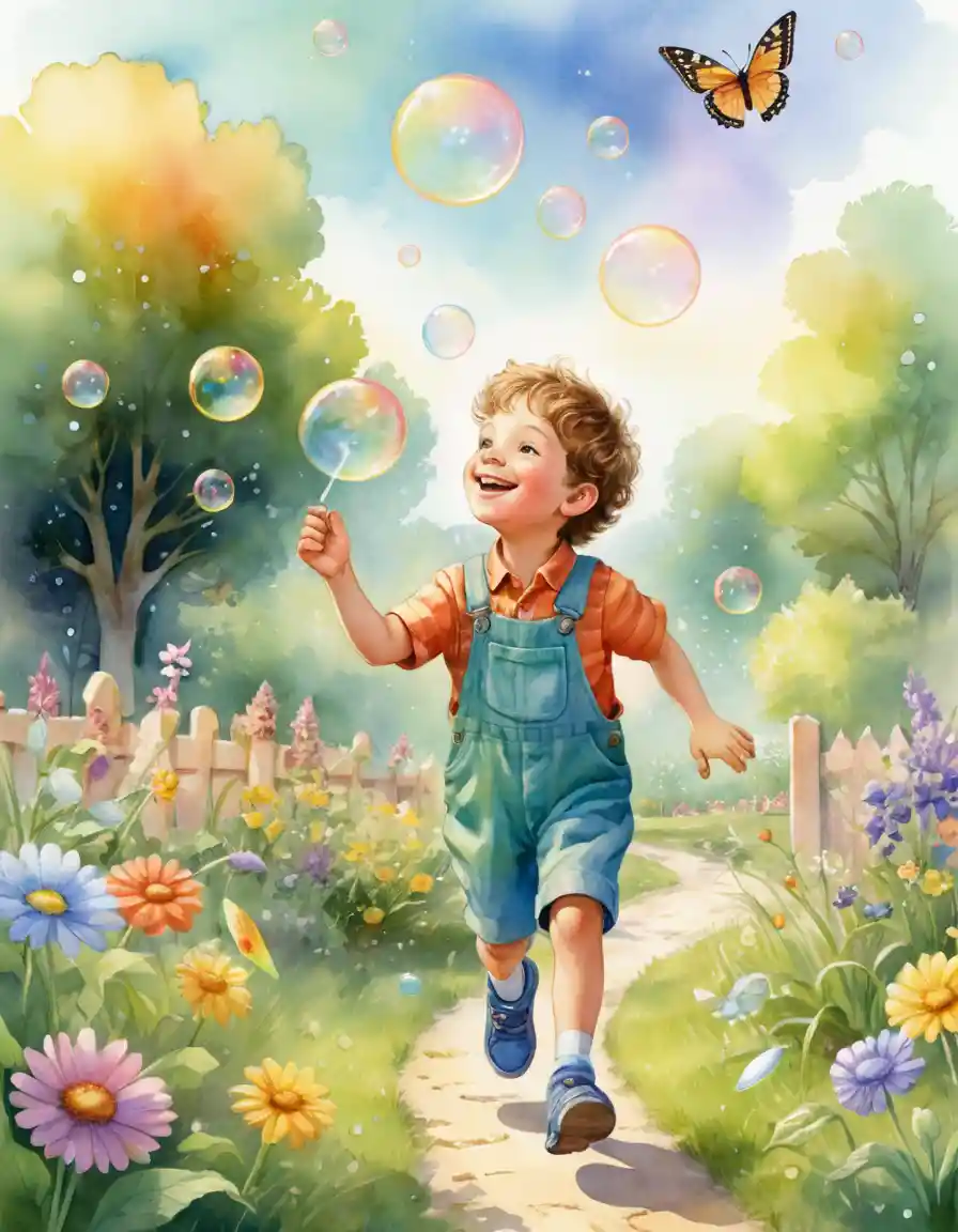 Ilustración de un niño pequeño soplando burbujas en un jardín soleado