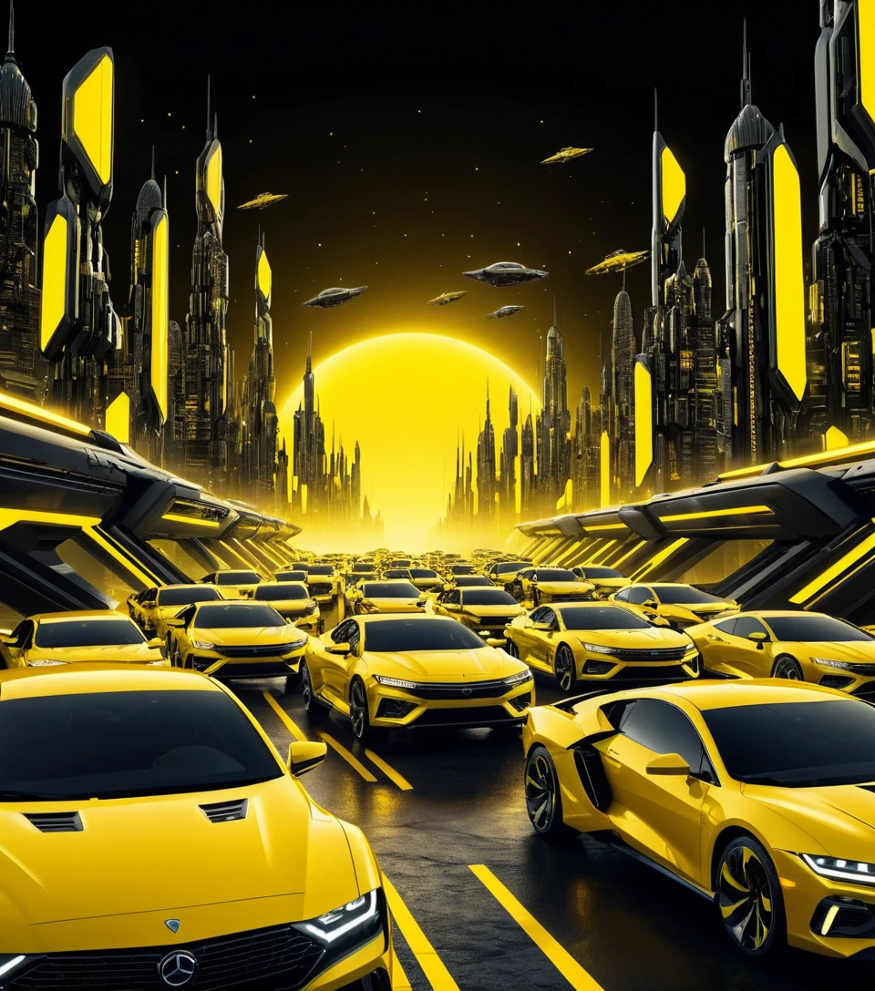 Ciudad cibernética futurista con autos negros y luces de neón amarillas