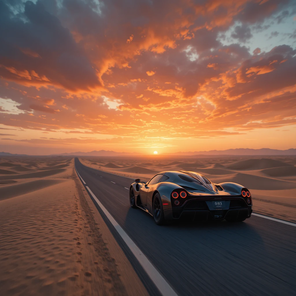 Hypercar Pagani corriendo por una autopista del desierto al atardecer