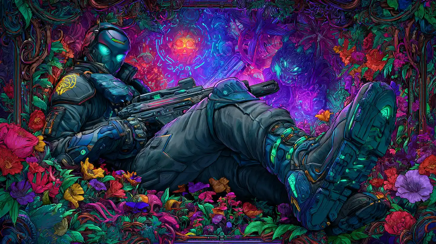 Asiatischer Sci‑Fi‑Soldat posiert in Neon-Kampfpanzerung