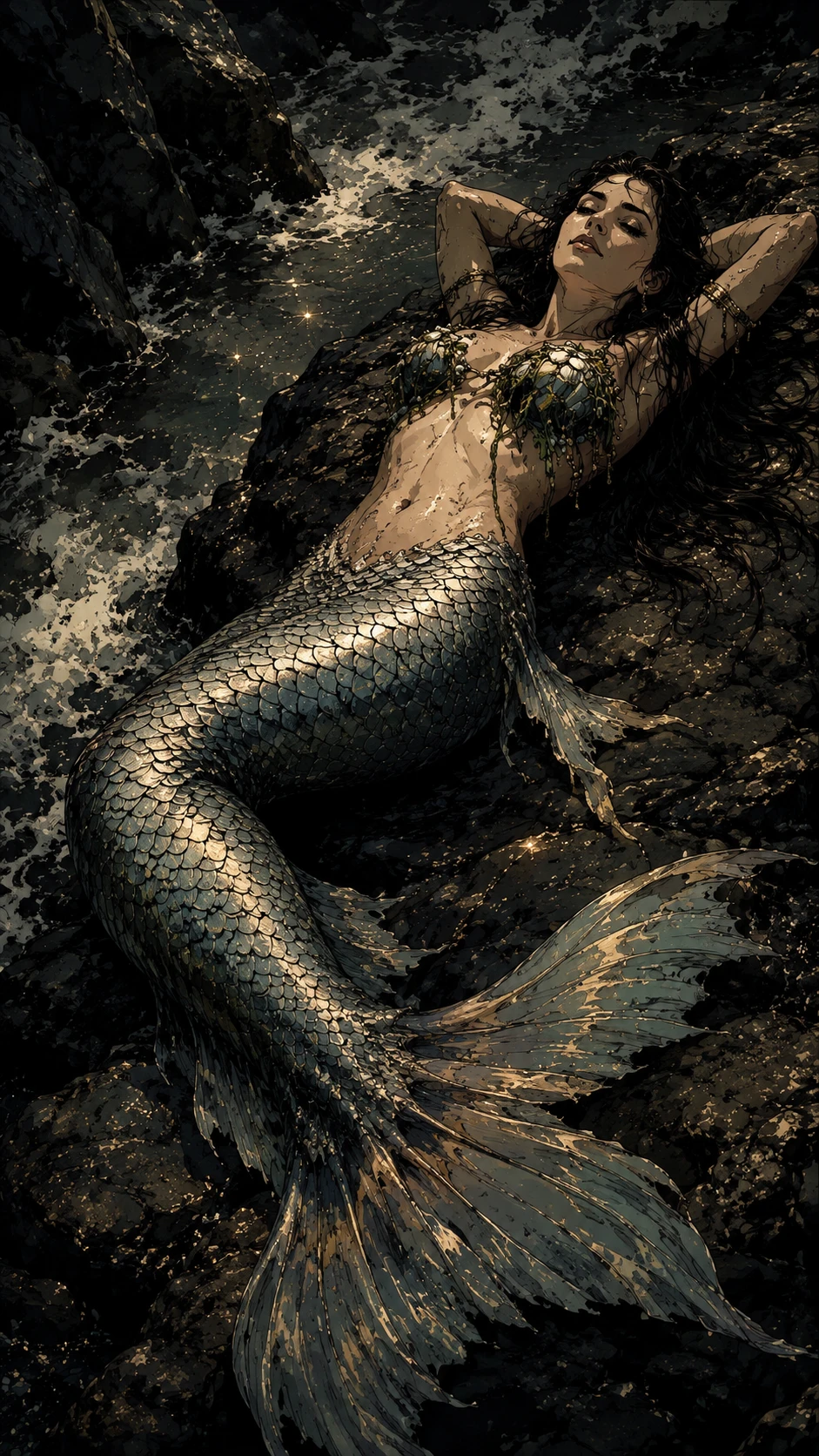 Ilustración de cómic de fantasía oscura con una mujer heroica