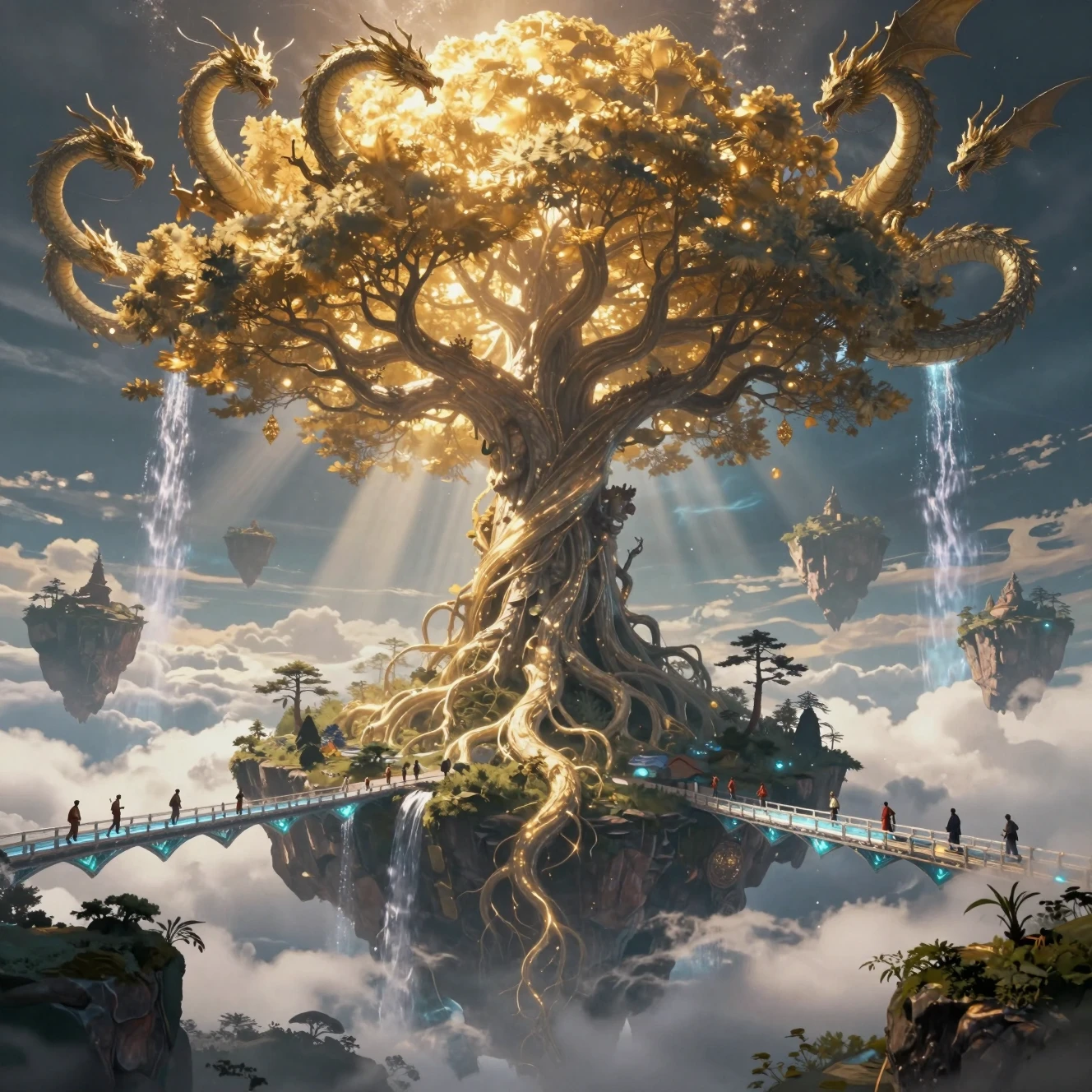 Colosal árbol celestial que se alza sobre islas flotantes de fantasía