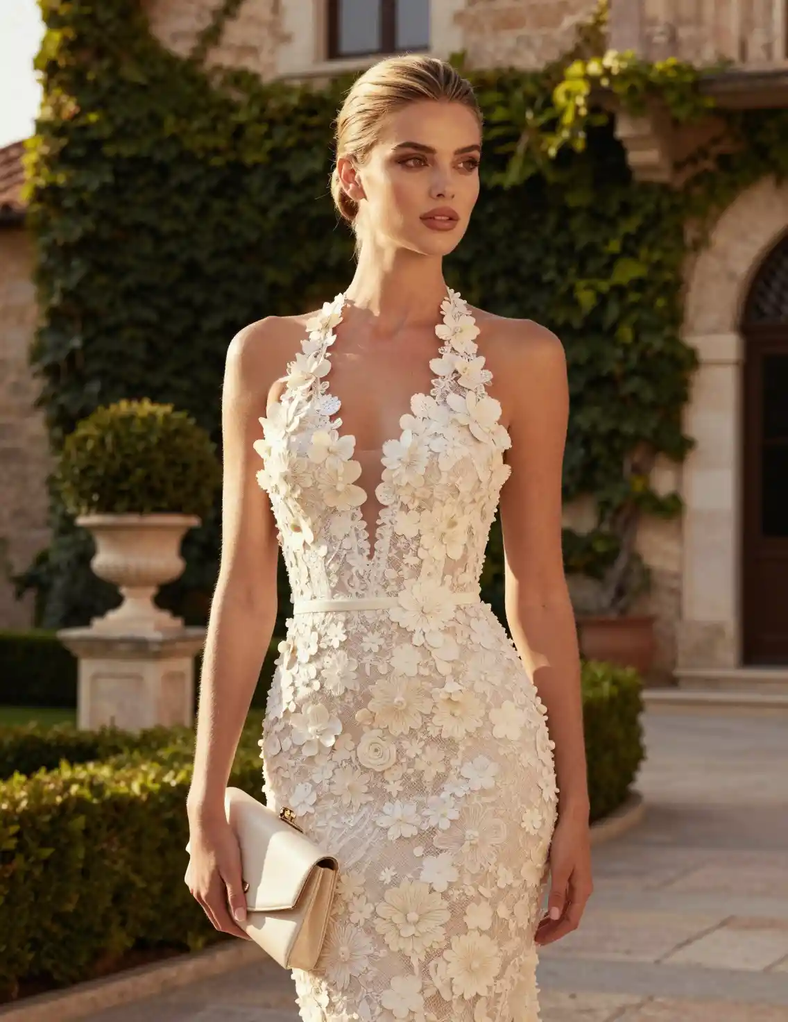 Mujer elegante con vestido marfil en patio bañado por el sol
