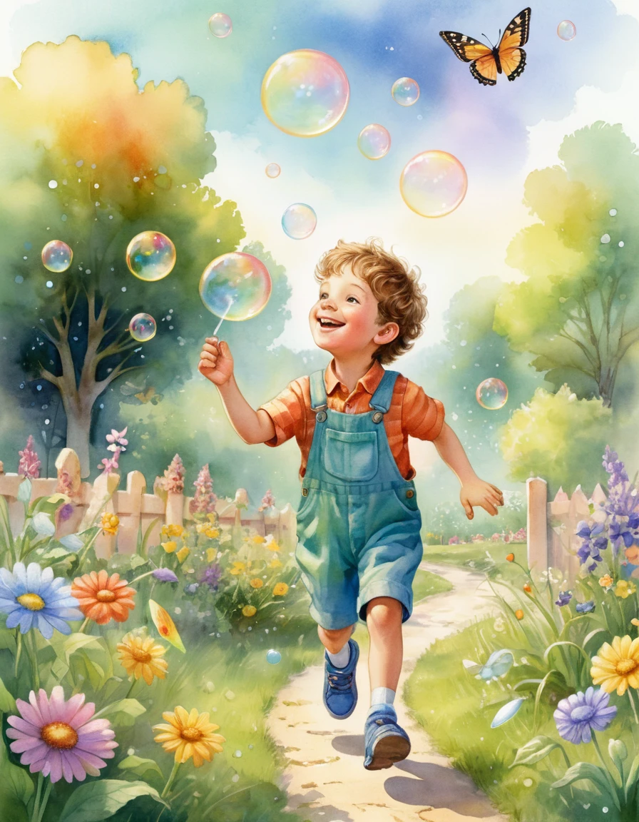 Ilustración de un niño pequeño soplando burbujas en un jardín soleado