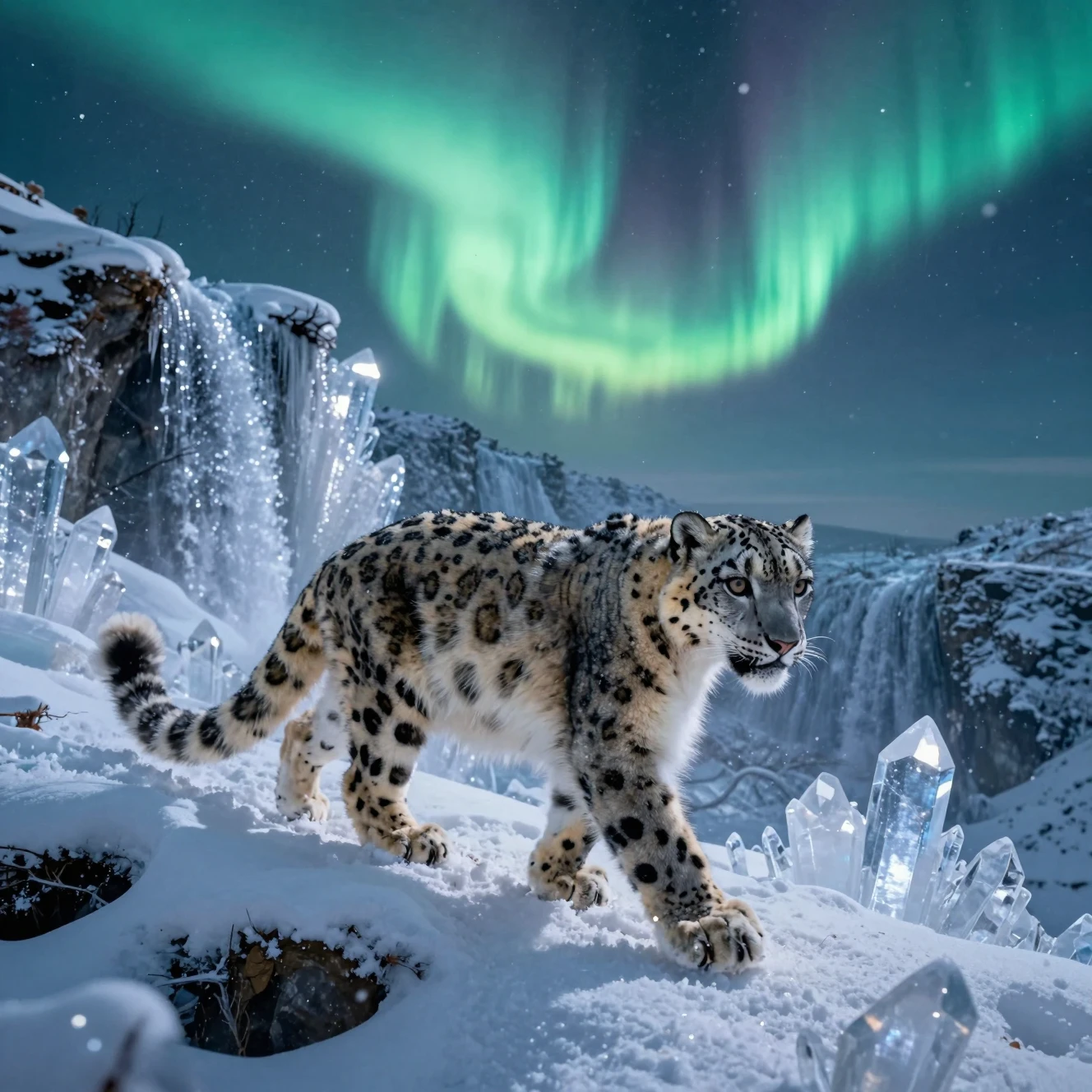 Leopardo de las nieves cruzando acantilados helados bajo un cielo de aurora brillante