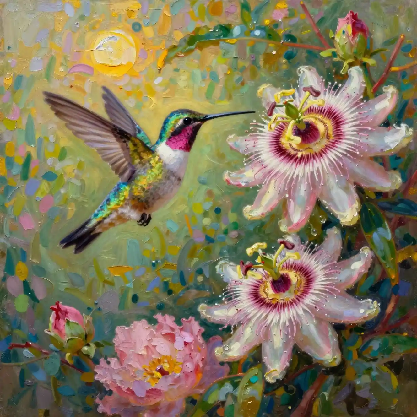 夕暮れのハチドリとピンクのトケイソウのインパスト絵画