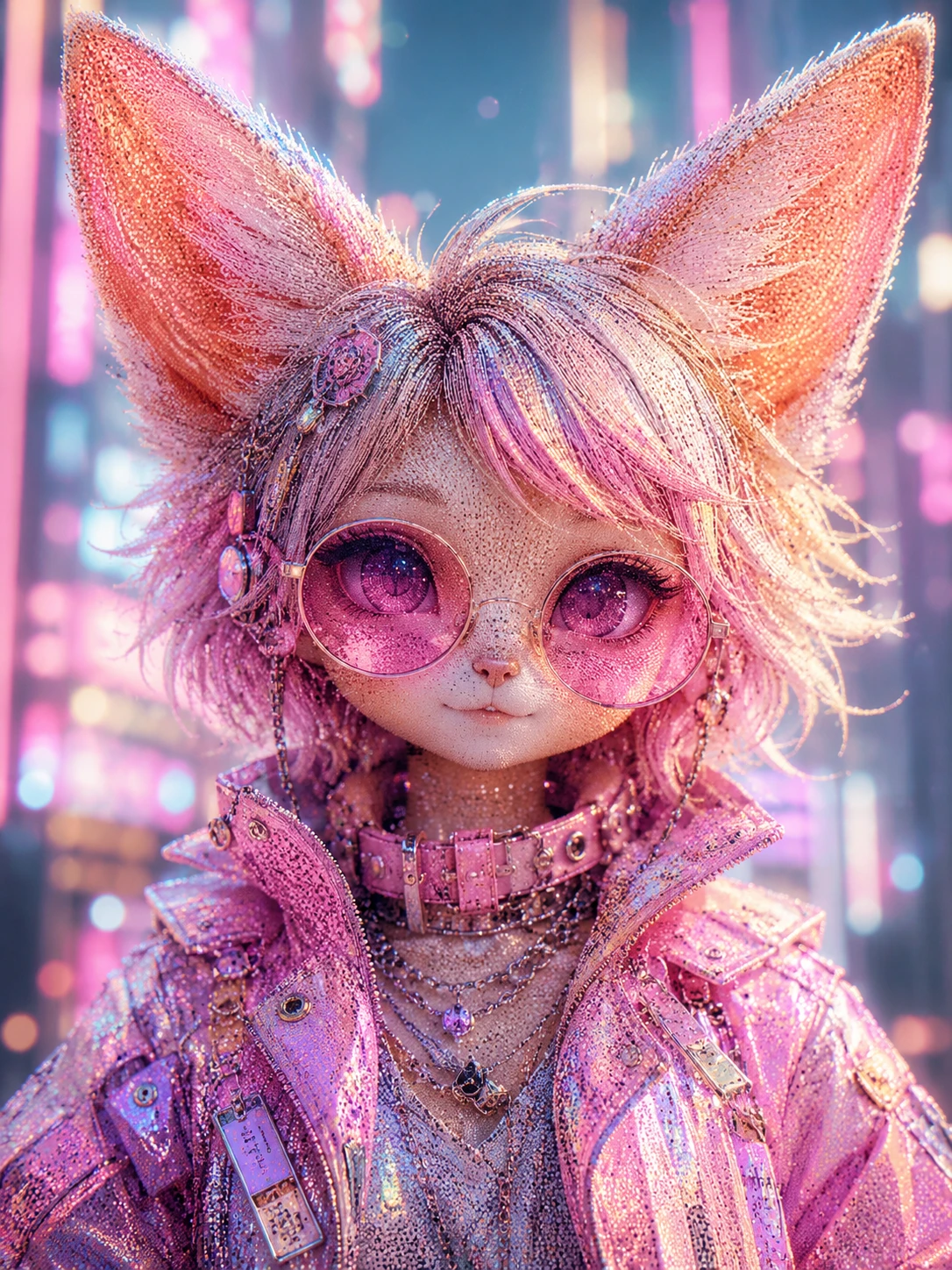 Pointillist cyberpunk fennec fox girl with pink sunglasses