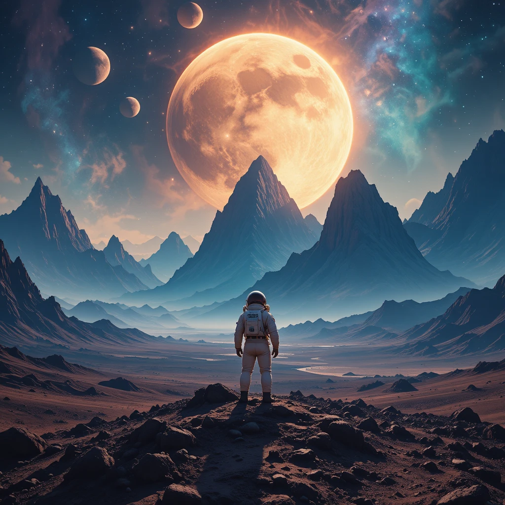 Astronauta en Planeta Alienígena bajo Lunas y Nebulosa