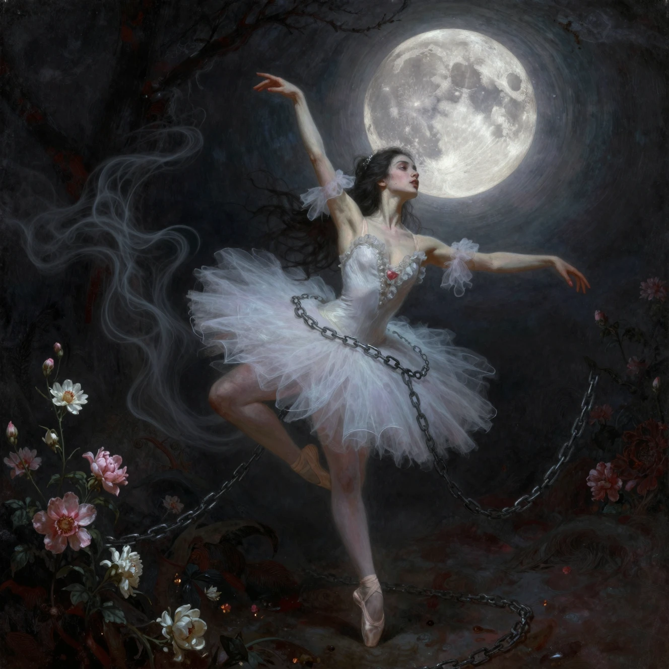 Bailarina etérea danzando bajo un eclipse lunar rojo sangre